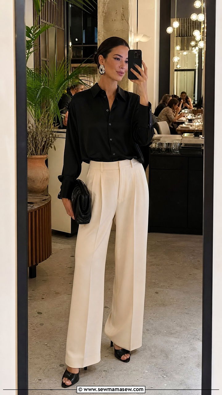 Black Button Down with Cream Wide Leg Trousers - 25 Wide leg trousers outfit ideas with a button down