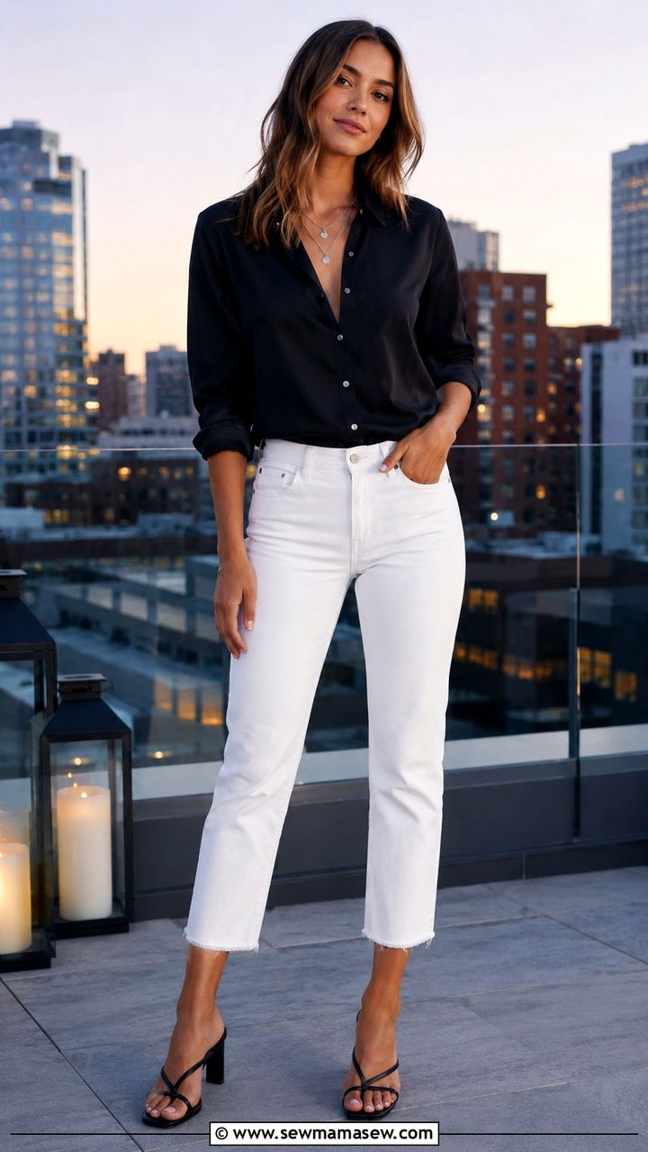Black Button Down with White Jeans - 25 White jeans outfit ideas with a button down