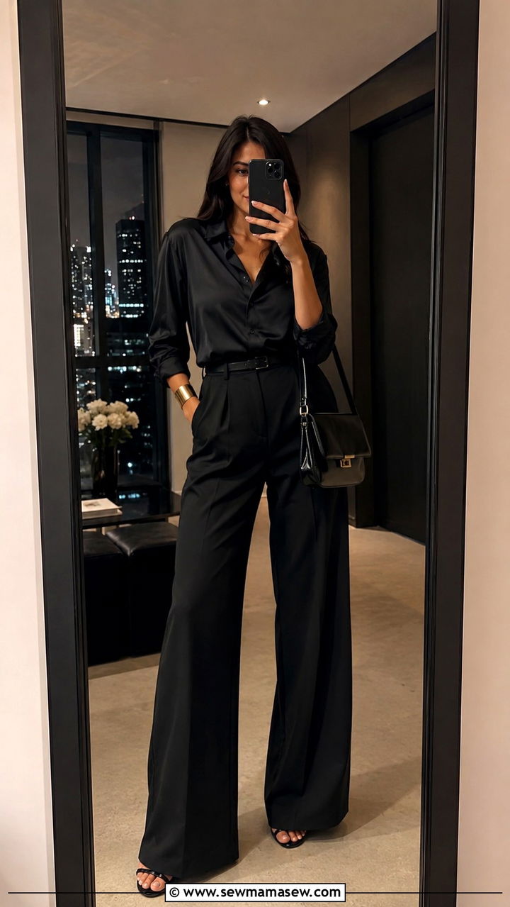 Black Button Down with Wide Leg Black Pants - 25 Wide leg black pants outfit ideas with a button down