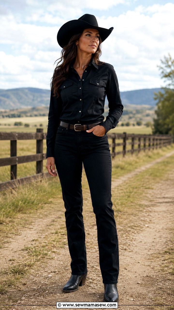 Black Button Up Shirt with Well Fitted Jeans and Classic Cowboy Hat - 30 Modern western outfit ideas