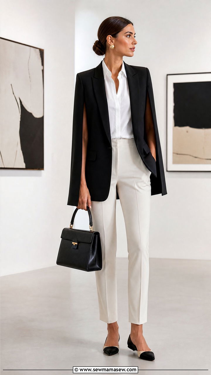 Black Cape Blazer with White Shirt and Slim Trousers - 30 elegant outfit ideas for women