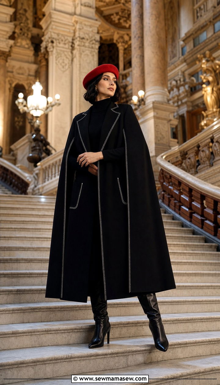 Black Cape Coat with Knee High Boots and Red Beret - 25 classy Paris outfits