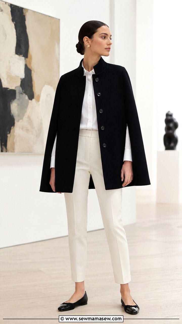 Black Cape With White Shirt And Slim Ivory Trousers - 30 classy fashion inspo outfits