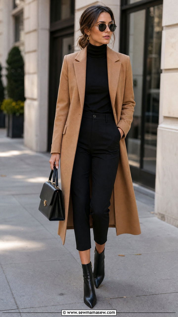 Black Capri Pants With Fitted Turtleneck Long Coat And Ankle Boots - 25 Capri outfit ideas