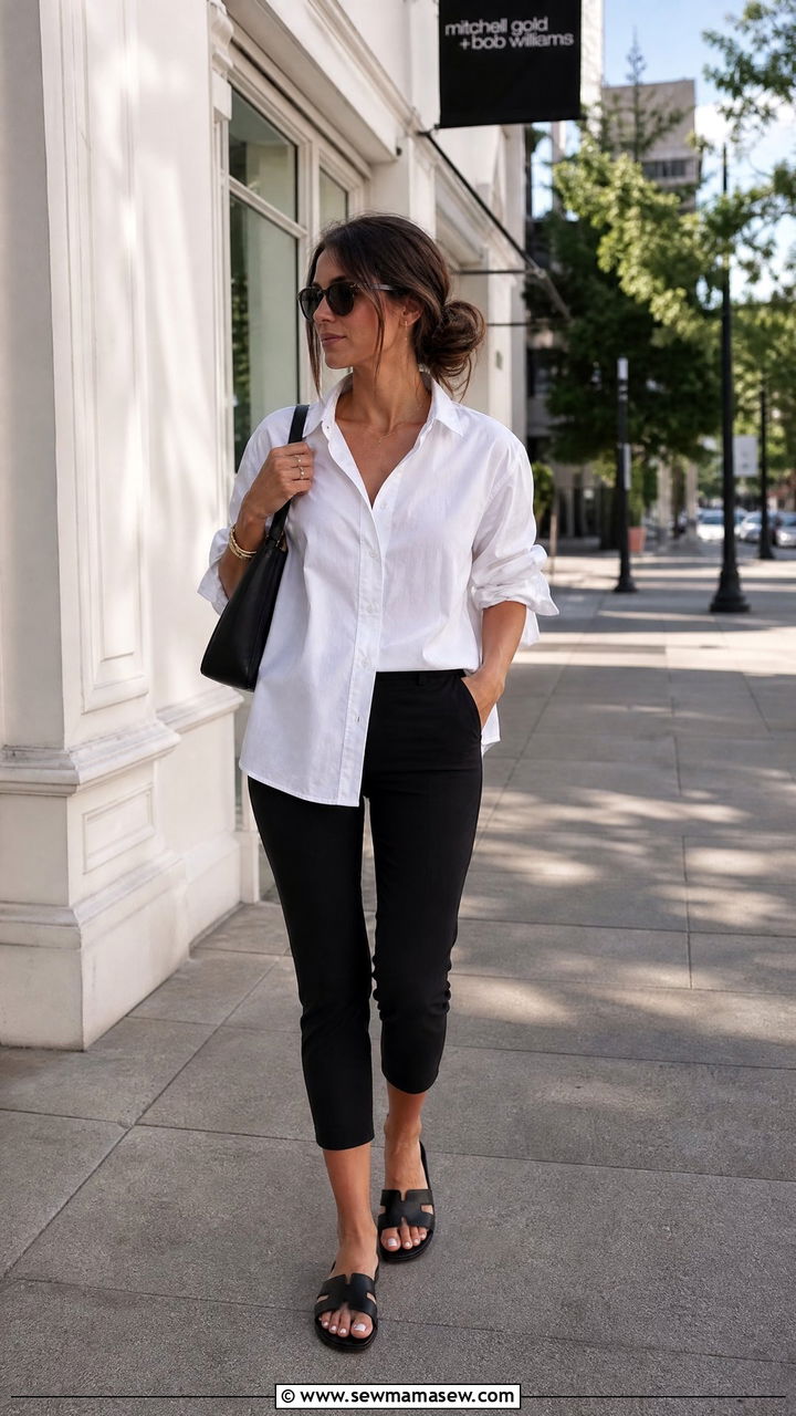 Black Capri Pants With Oversized White Button Down And Slide Sandals - 25 Capri outfit ideas