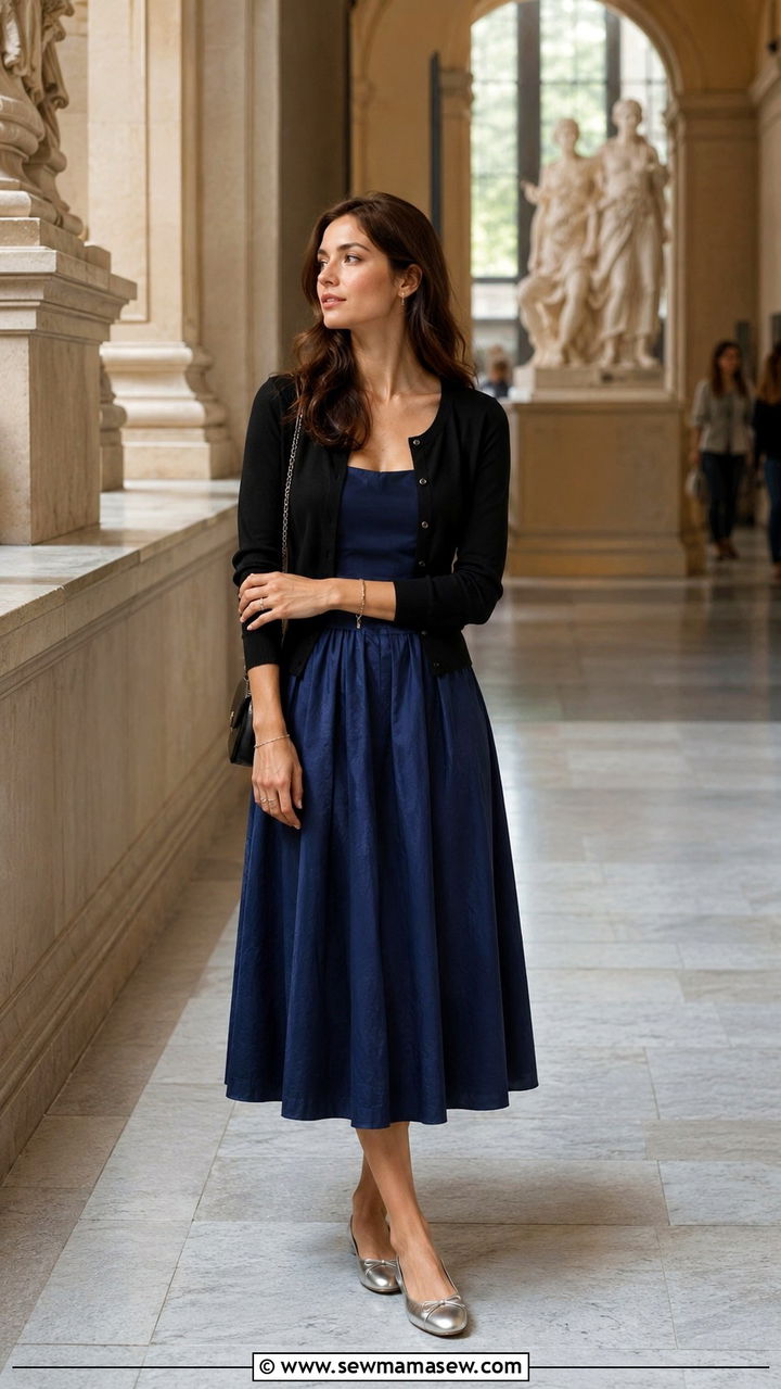 Black Cardigan with Blue Midi Dress and Ballet Flats - 30 Midi dress outfit ideas with a cardigan
