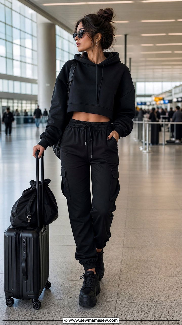 Black Cargo Joggers With A Cropped Hoodie And Platform Sneakers - 25 cargo pants outfits inspo