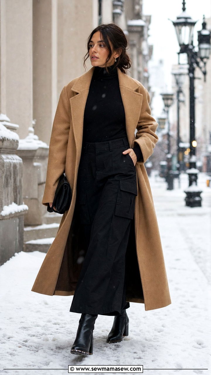 Black Cargo Maxi Skirt With Fitted Turtleneck And Heeled Boots - 35 cargo skirt outfit ideas