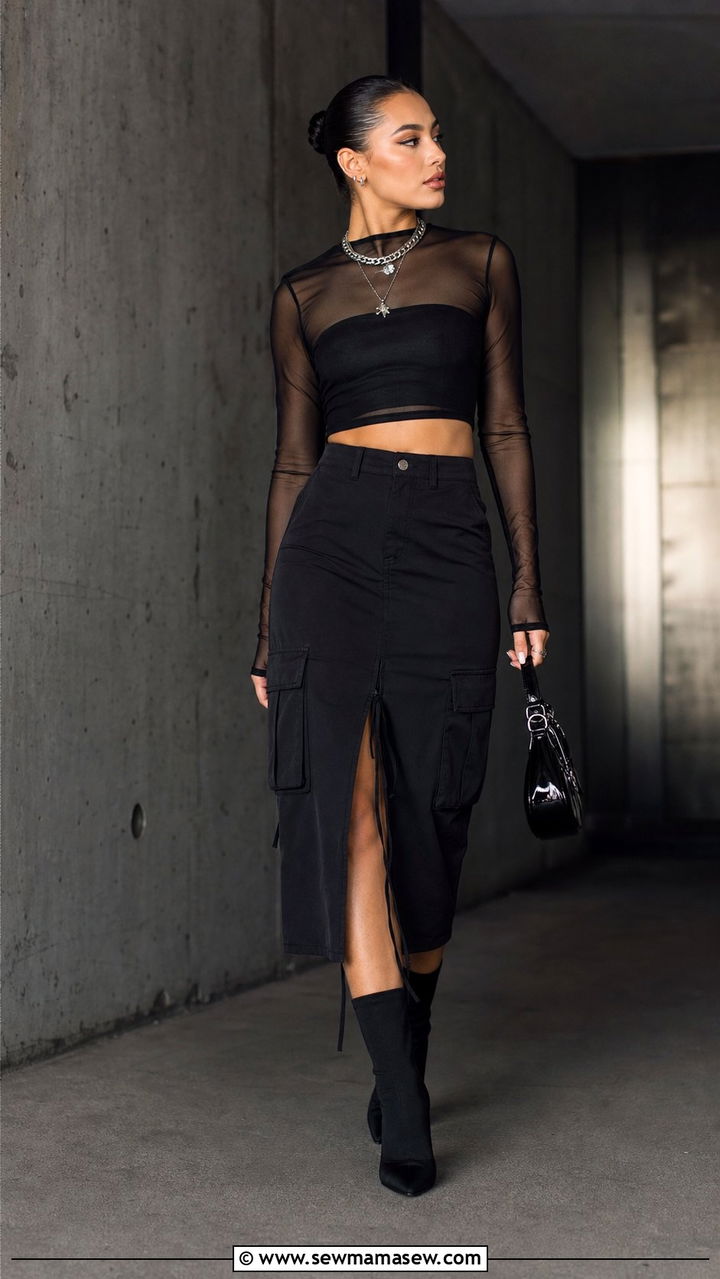Black Cargo Midi Skirt With Sheer Long Sleeve Top And Sock Boots - 35 cargo skirt outfit ideas