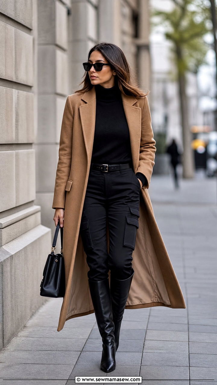 Black Cargo Pants With A Camel Wool Coat And Knee High Boots - 25 Cargo pants outfit ideas for work