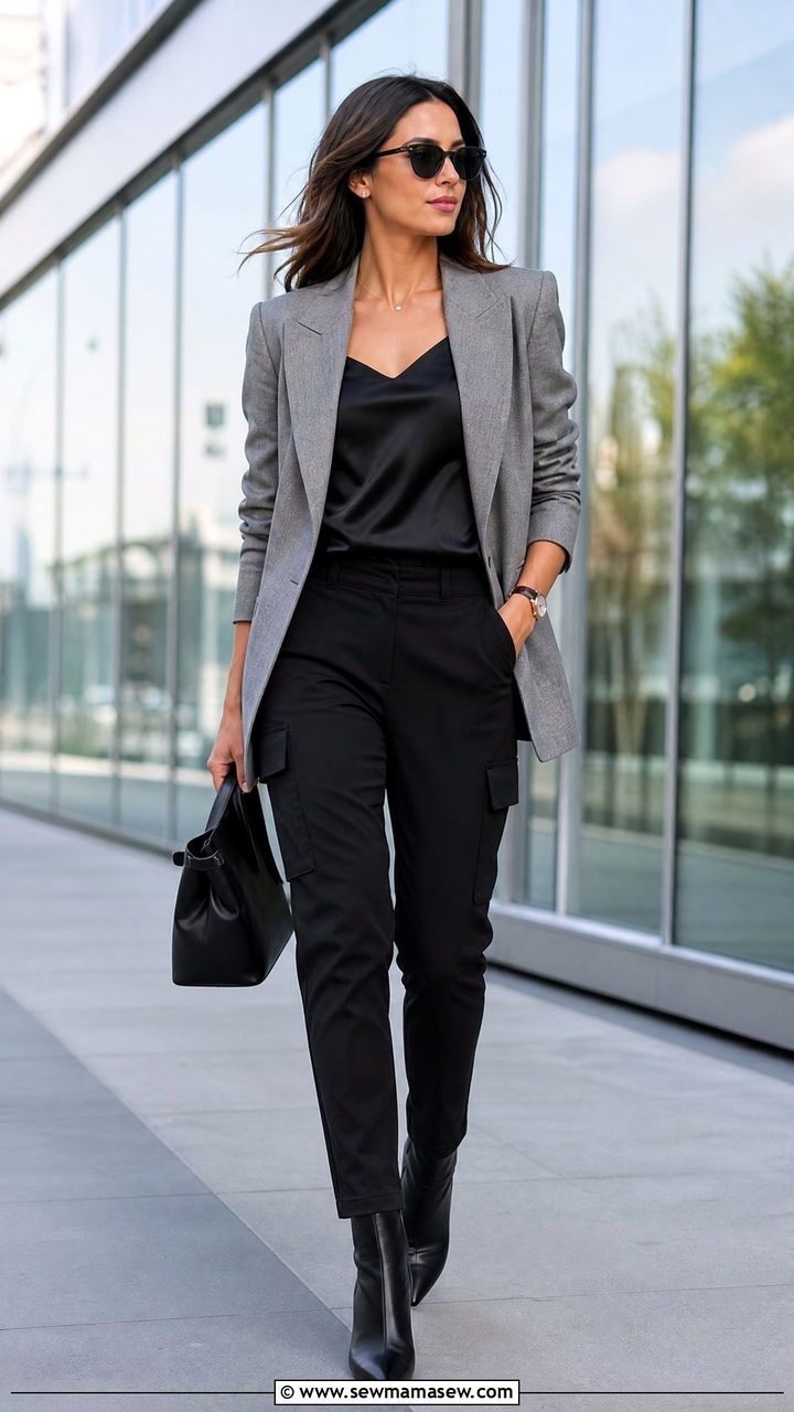 Black Cargo Pants With A Grey Blazer And Black Ankle Boots - 25 Cargo pants outfit ideas for work