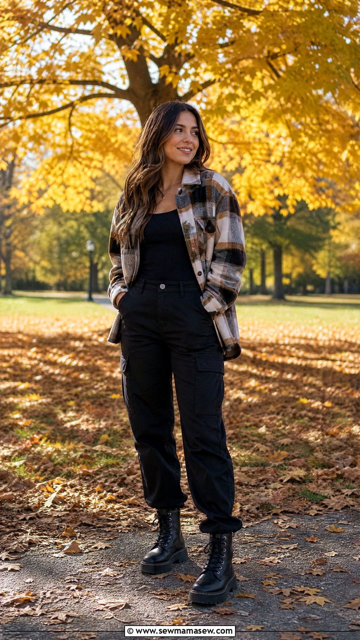 Black Cargo Pants With A Plaid Shacket And Combat Boots - 25 cargo pants outfits inspo