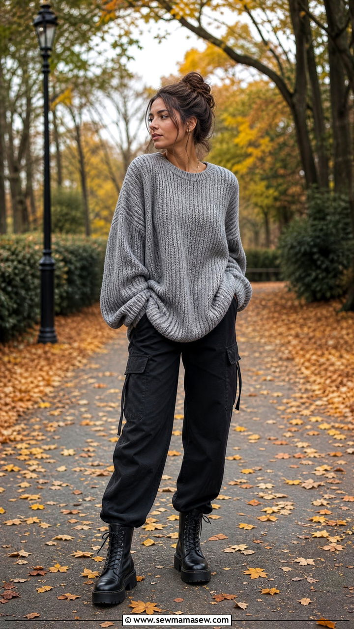 Black Cargo Pants With An Oversized Gray Sweater And Combat Boots - 25 cargo pants outfits inspo