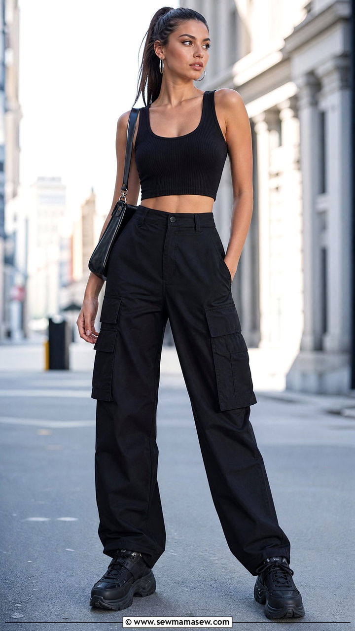 Black Cargo Pants With Black Crop Top - 25 Cargo pants outfit ideas with crop top