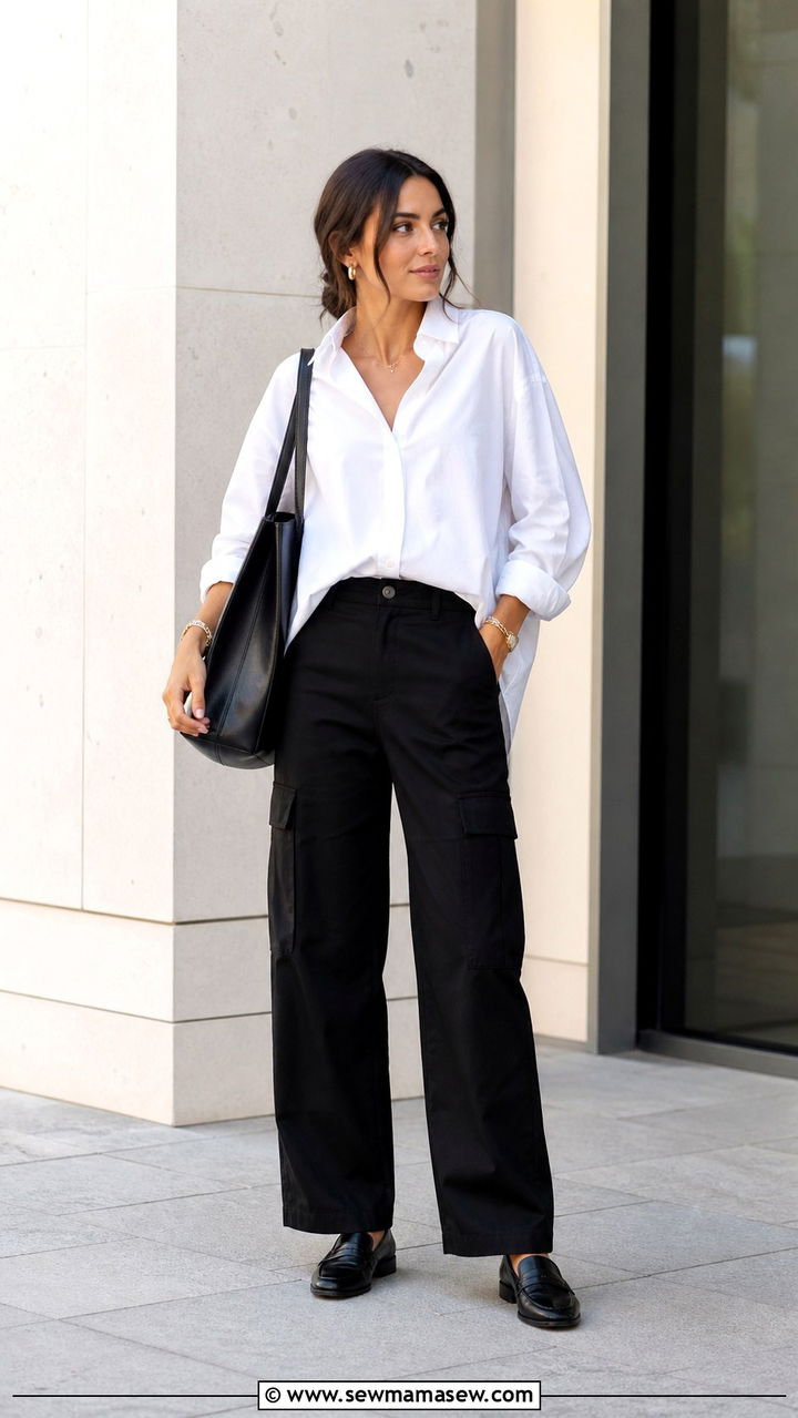 Black Cargo Pants With Button Up Shirt and Loafers - 40 cargo pants outfits