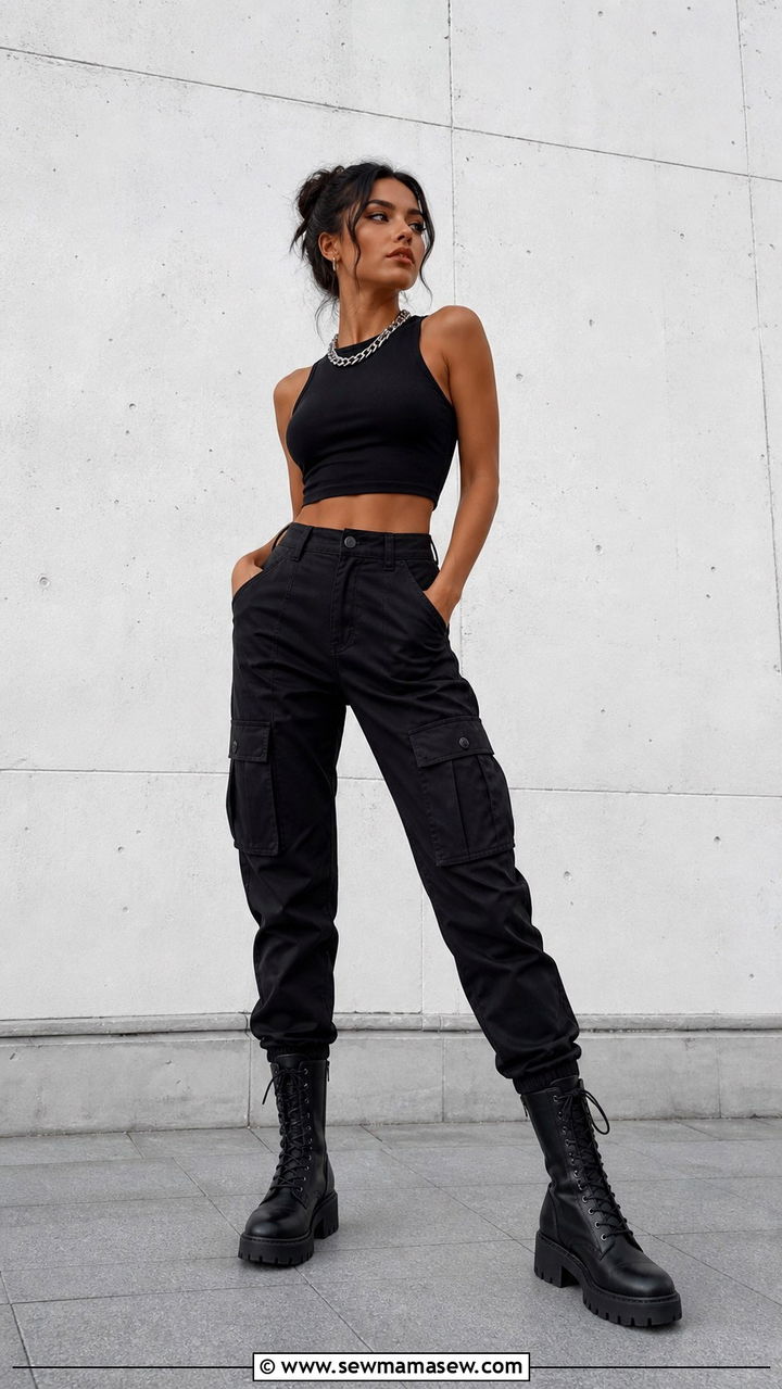 Black Cargo Pants With Crop Top and Combat Boots Outfit - 40 cargo pants outfit ideas for women