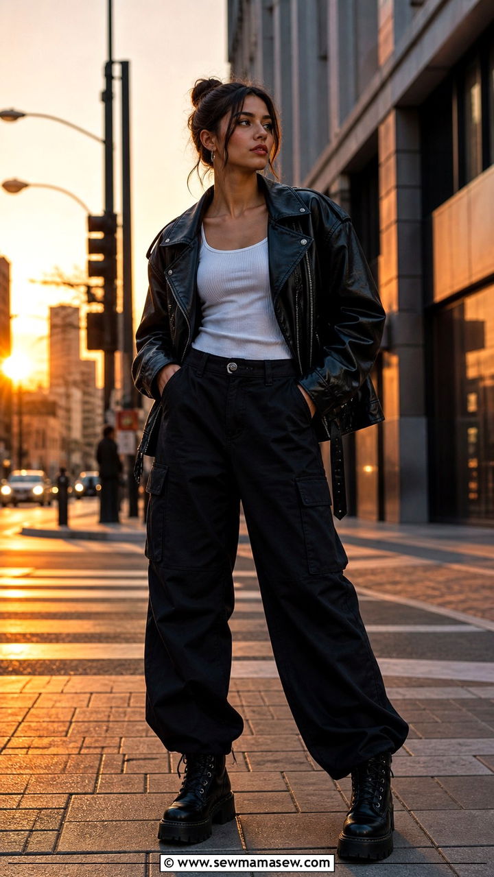 Black Cargo Pants With Leather Jacket and Combat Boots - 40 cargo pants outfits