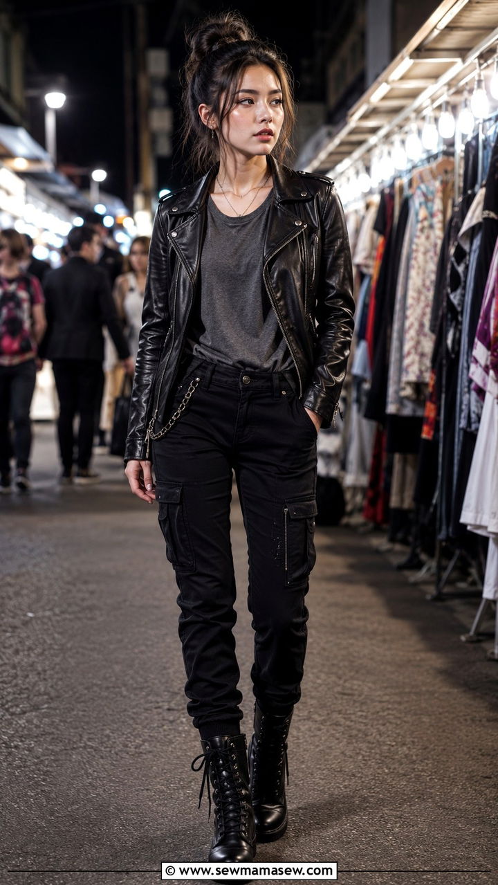Black Cargo Pants With Leather Moto Jacket And Combat Boots - 20 cargo pants outfits 2026