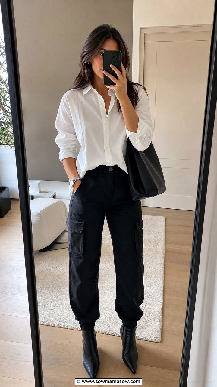Black Cargo Pants With White Button Down Shirt Outfit - 25 cargo pants outfits for women over 40