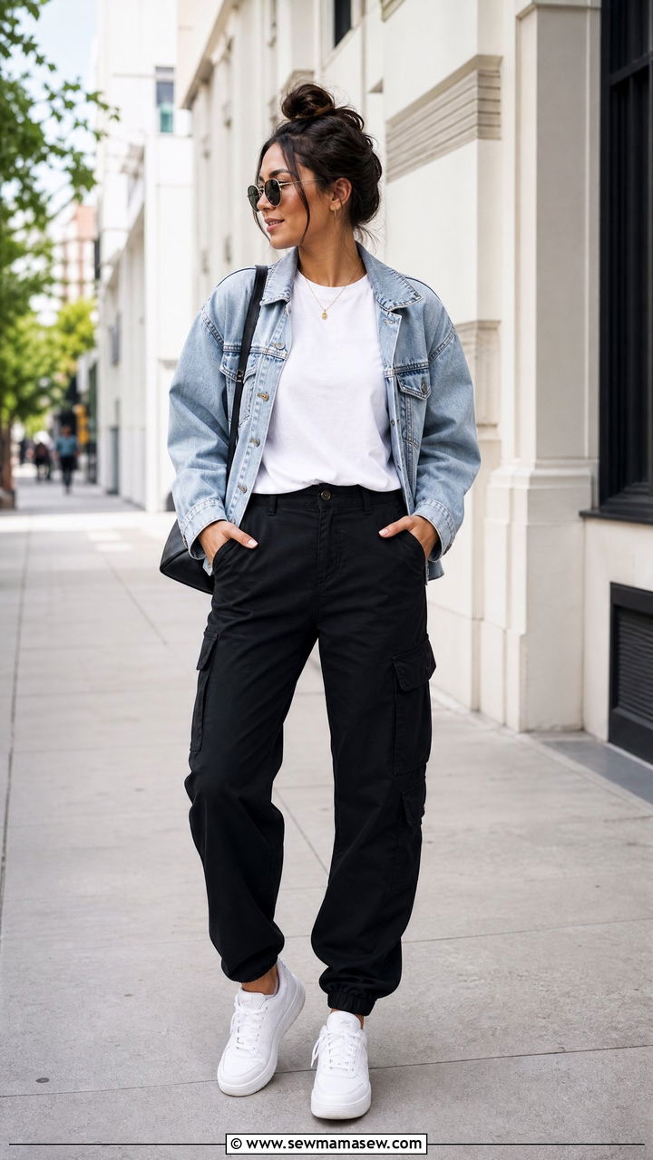 Black Cargo Pants With White Tee And Denim Jacket - 25 classy cargo pants outfits