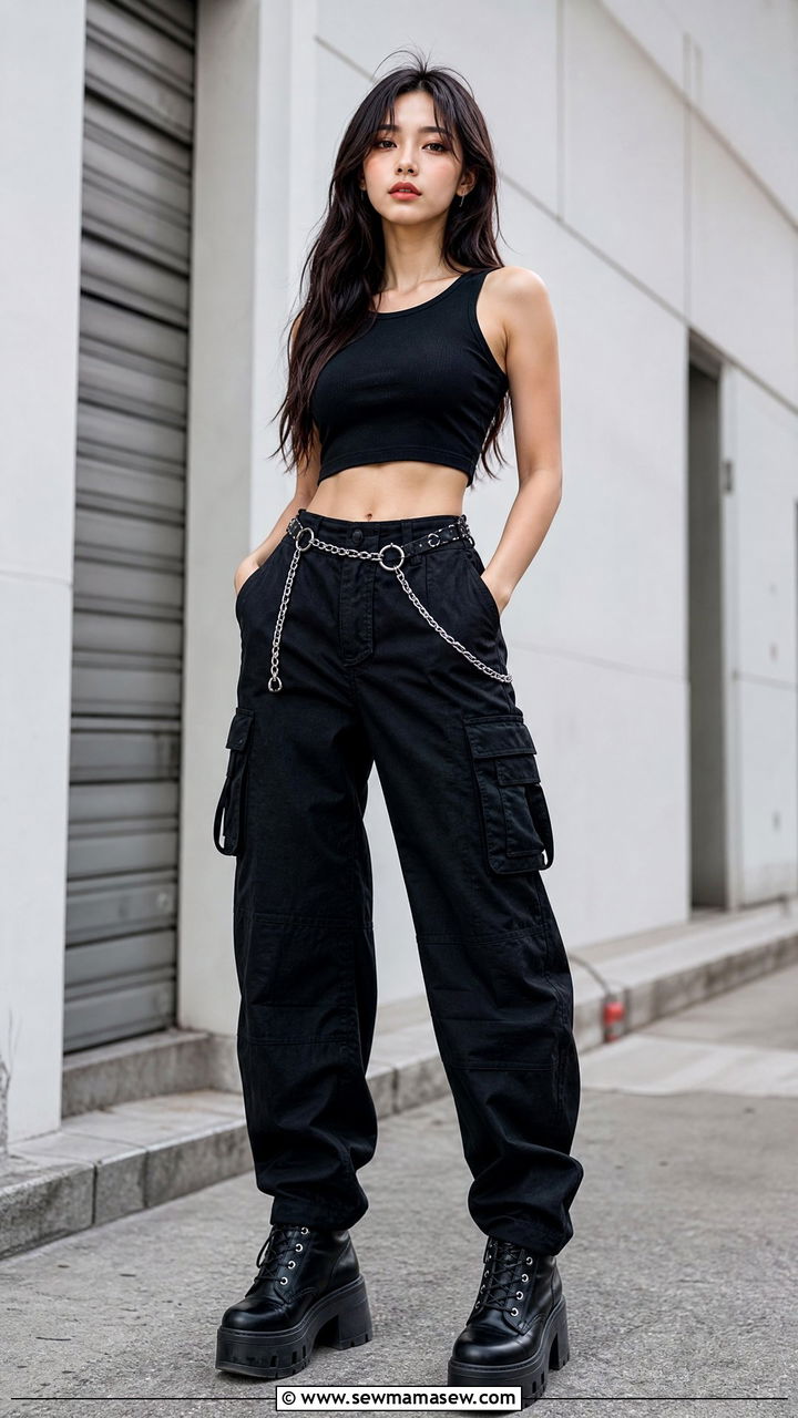 Black Cargo Pants and Crop Top Outfit - 30 summer edgy outfit ideas