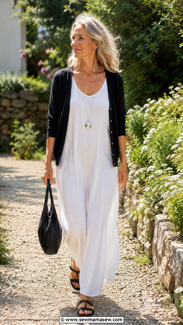 Black Cashmere Cardigan Over a White Maxi Dress - 30 scandinavian outfit ideas for women over 40
