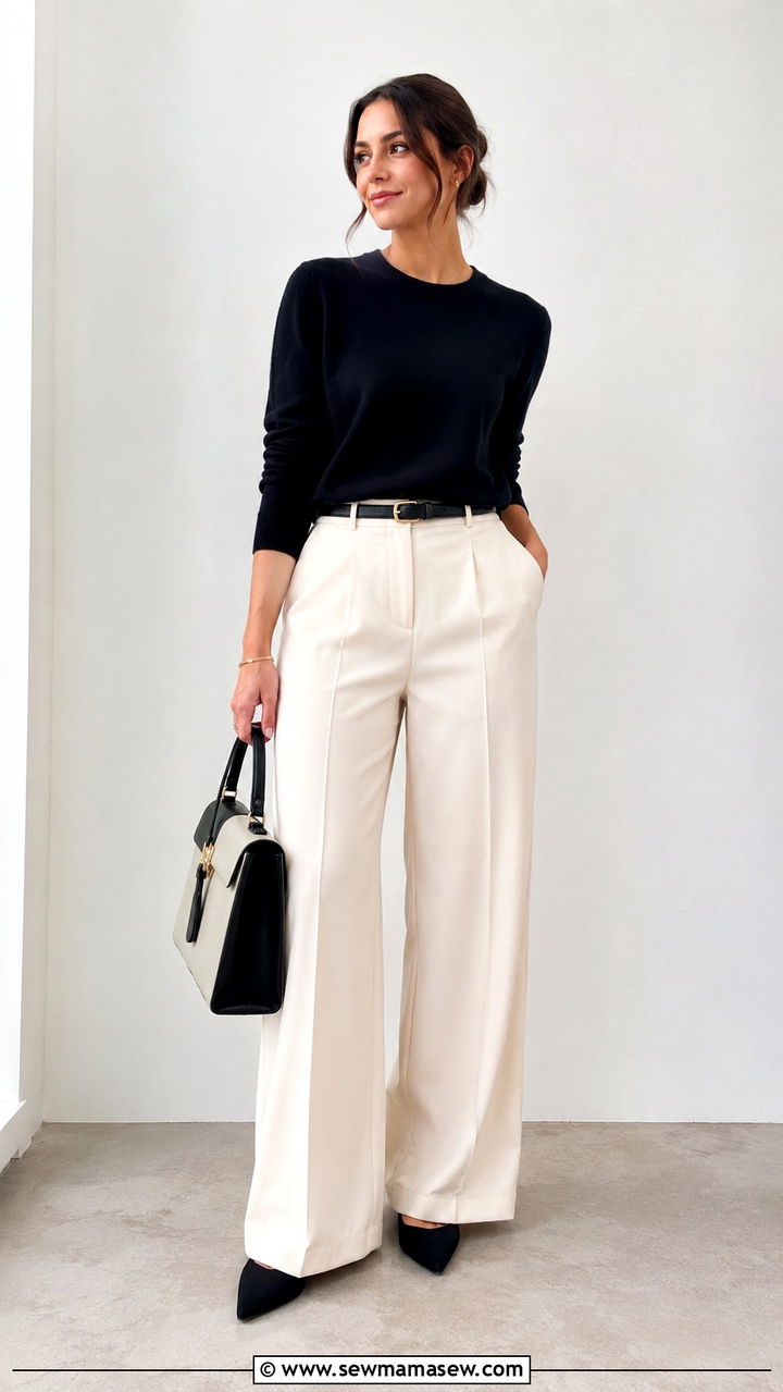 Black Cashmere Crewneck with Ivory Wide Leg Trousers - 30 quiet luxury outfits aesthetic