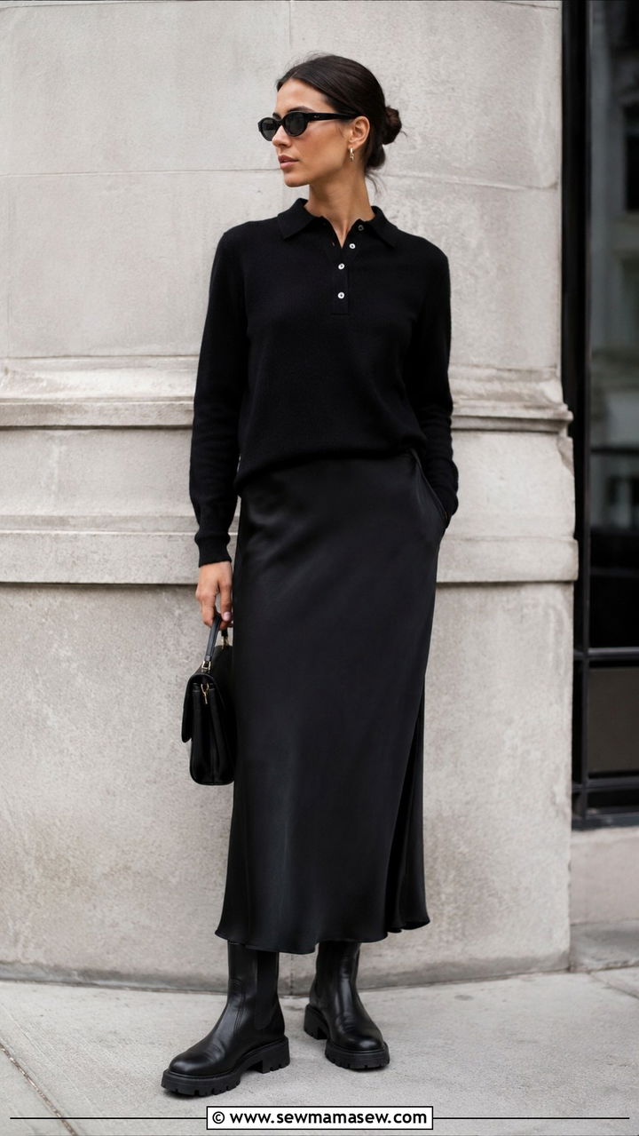 Black Cashmere Polo with Maxi Skirt and Lug Boots - 20 Old money outfit ideas Gwyneth Paltrow