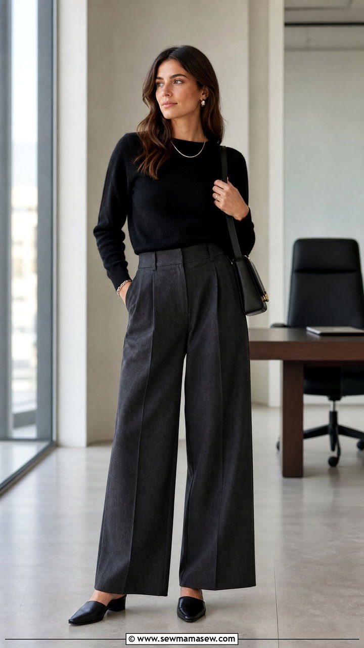Black Cashmere Sweater With Charcoal Wide Leg Trousers - 35 Minimalist work outfits