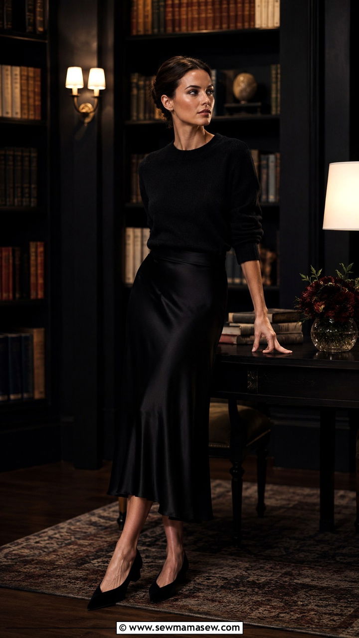 Black Cashmere Sweater With a Slinky Satin Slip Skirt - 20 dark academia outfits to copy