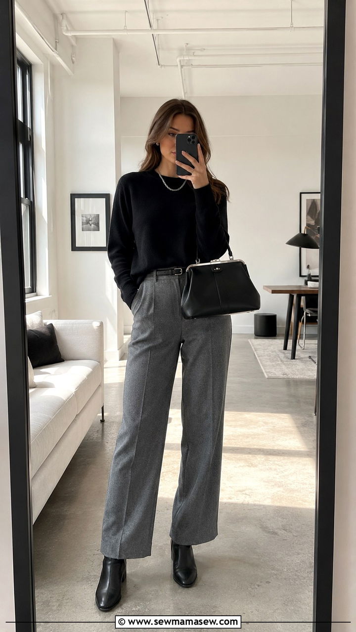 Black Cashmere Sweater and Grey Flannel Trousers - 30 Old money capsule wardrobe