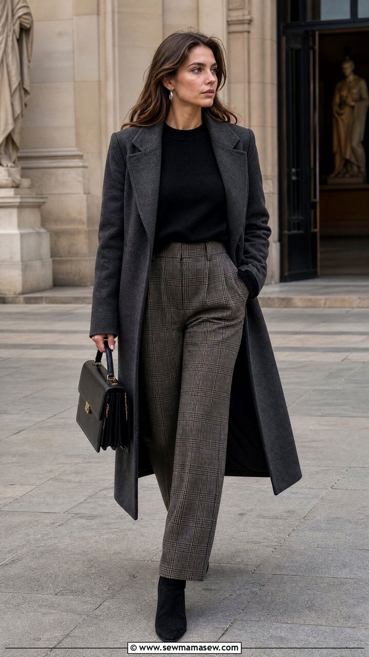 Black Cashmere Sweater with Plaid Wool Trousers - 25 Old money outfit ideas with cashmere sweater