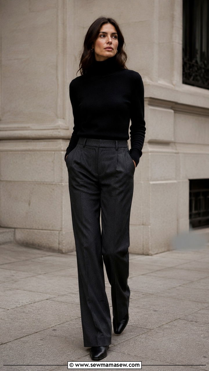 Black Cashmere Turtleneck With Charcoal Tailored Trousers - 30 Quiet luxury capsule wardrobe