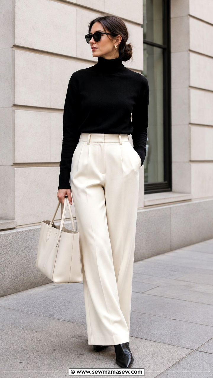 Black Cashmere Turtleneck and Cream Wide Leg Trousers - 30 minimalist outfit ideas for women