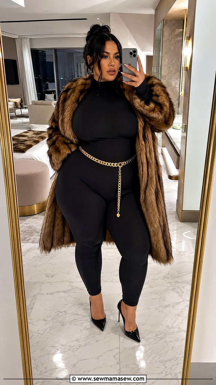 Black Catsuit With Oversized Faux Fur Coat And Stiletto Heels - 20 Mob wife aesthetic outfit ideas plus size