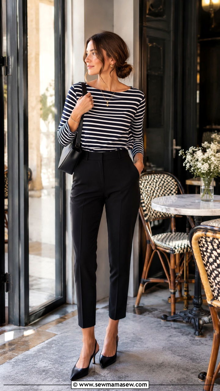 Black Cigarette Pants With A Striped Boat Neck Top And Pointed Slingbacks - 30 Parisian work outfits