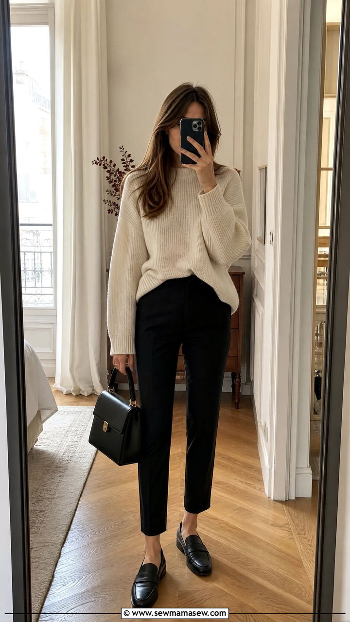 Black Cigarette Pants With Knit Sweater And Loafers - 30 French girl outfit ideas for work