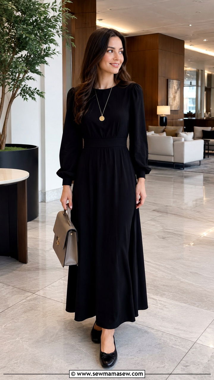 Black Classy Maxi Dress with Ballet Flats - 30 office outfits aesthetic