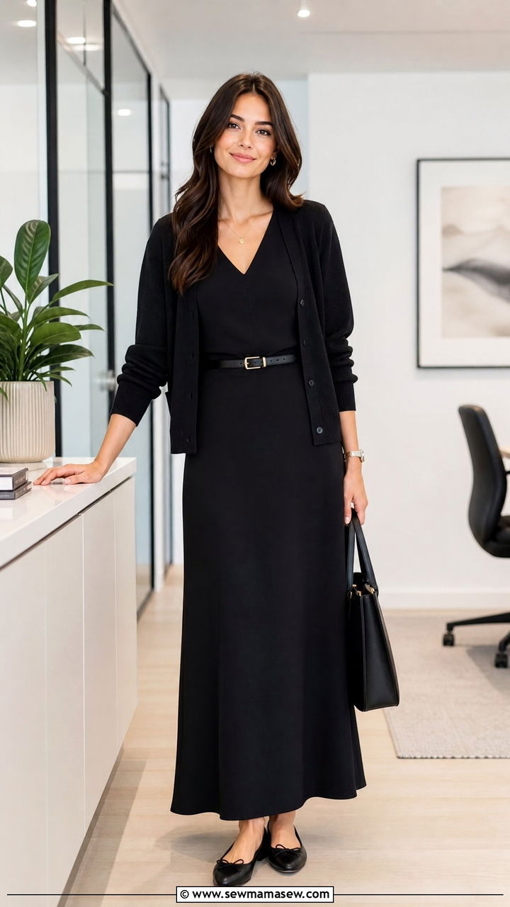 Black Classy Maxi Dress with Ballet Flats - 25 Journalist outfit ideas