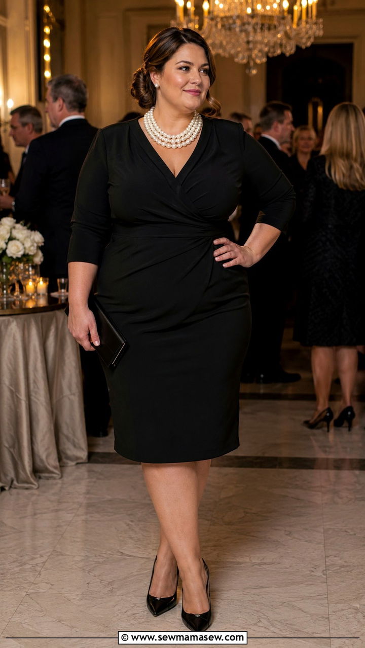 Black Cocktail Dress with Pearl Necklace - 30 Old money outfits plus size