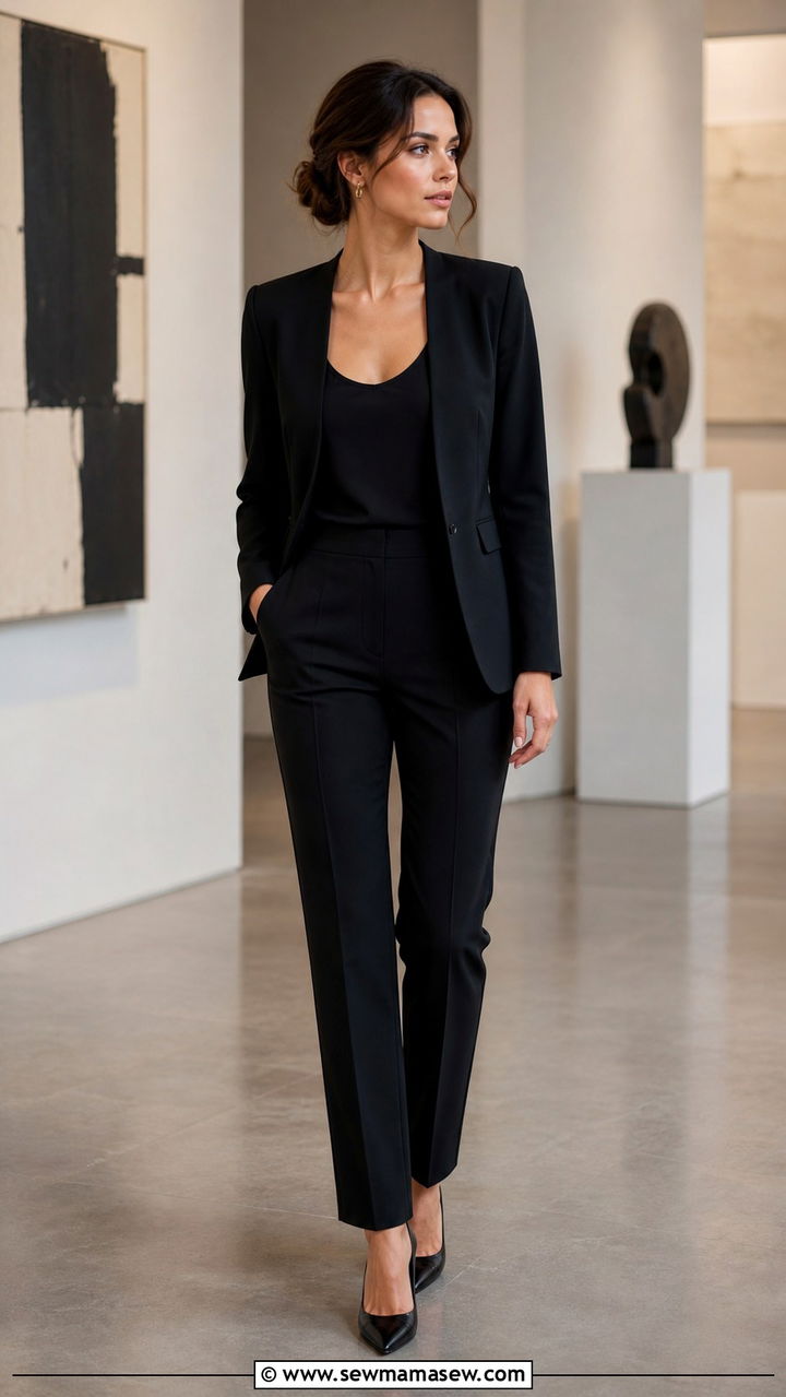 Black Collarless Blazer With Trousers And Scoop Neck Top - 40 blazer outfit ideas for women