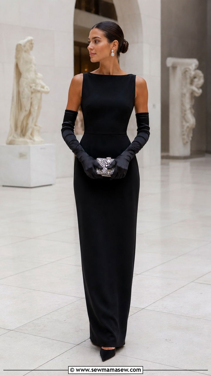 Black Column Dress With Opera Gloves - 30 Old money wedding guest outfits