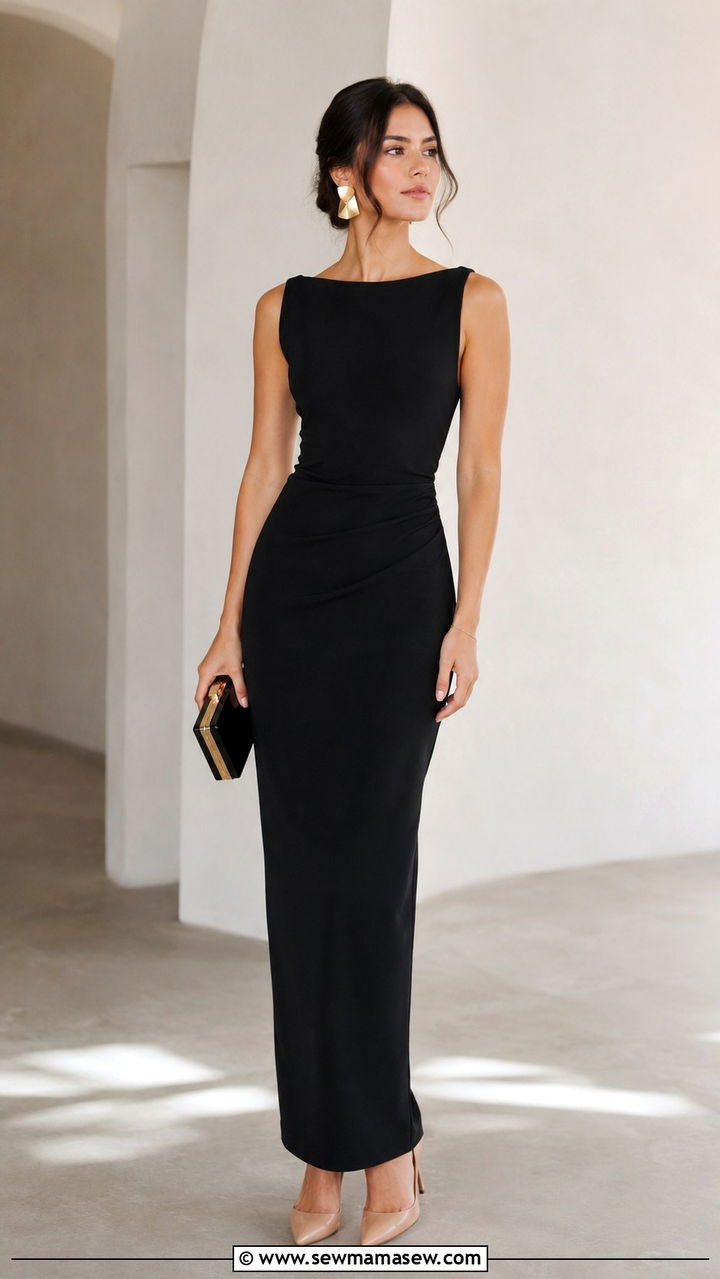 Black Column Dress with Pointed Pumps - 30 Minimalist wedding guest outfits