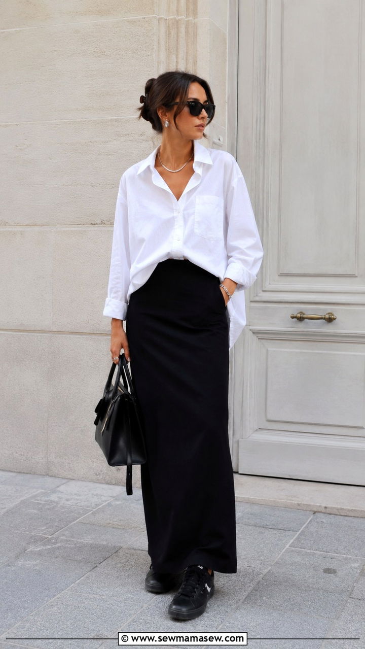 Black Column Maxi Skirt With White Button Down and Streamlined Trainers - 30 Maxi skirt outfit ideas with sneakers