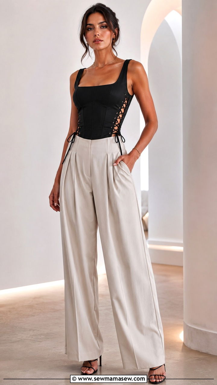 Black Corset Tank With Neutral Pleated Trousers and Heels - 30 Spring outfits with tank top