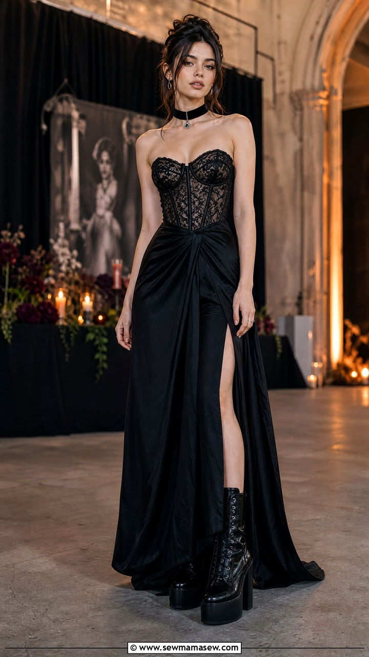 Black Corset Top With Maxi Skirt And Platform Boots - 30 Dark feminine outfit ideas