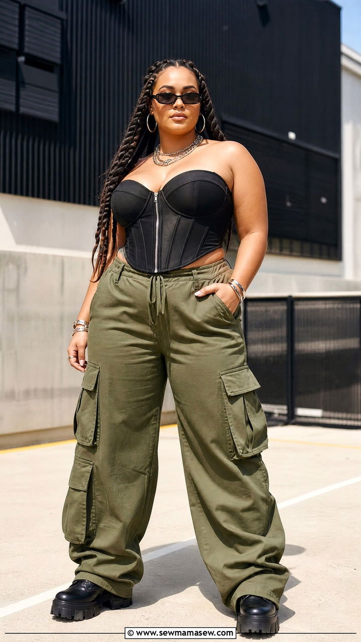 Black Corset Top With Wide Leg Cargo Pants And Chunky Boots - 30 plus size music festival outfit ideas