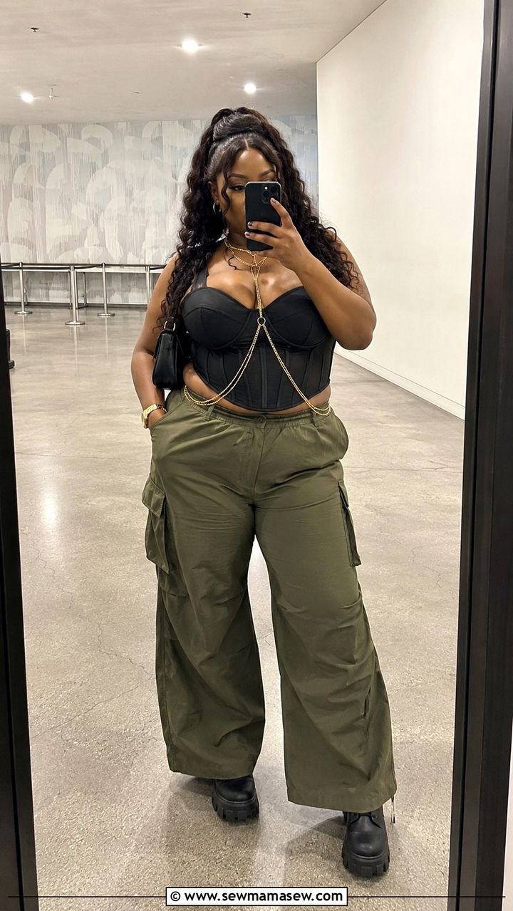 Black Corset Top With Wide Leg Cargo Pants And Lug Boots - 30 Plus size concert outfit ideas
