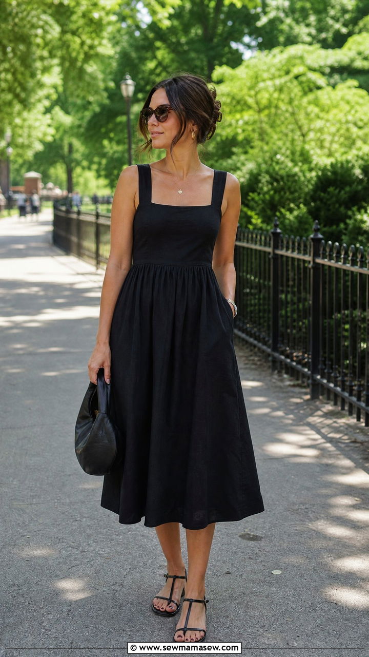 Black Cotton Midi Dress With Sandals - 30 Summer outfits in black