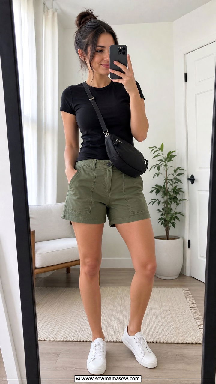 Black Cotton Tee With Olive Cargo Shorts - 30 Summer cotton outfits